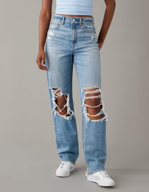 Jean Straight Baggy Talle Alto y Holgado con rotos Mujer AE