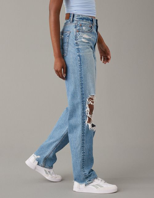 Jean Straight Baggy Talle Alto y Holgado con rotos Mujer AE
