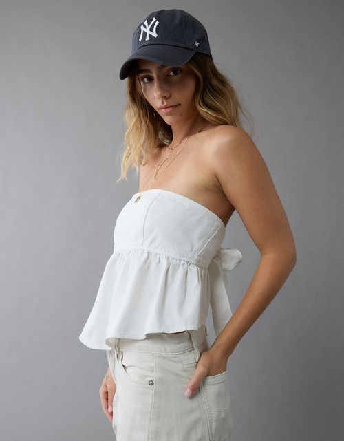 Top estilo babydoll de mezclilla sin tirantes con lazo en la espalda