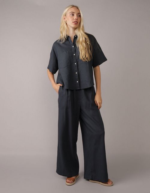 Pantalón en Mezcla de Lino con Pretina Elástica para Mujer