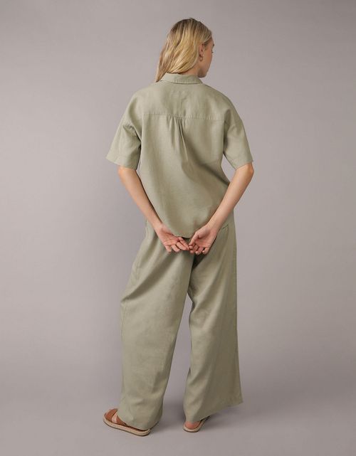 Camisa de Lino con Botones y Manga Corta para Mujer