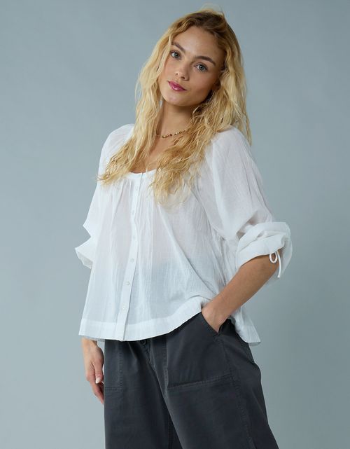 Blusa de Botones con Mangas de Lazo para Mujer